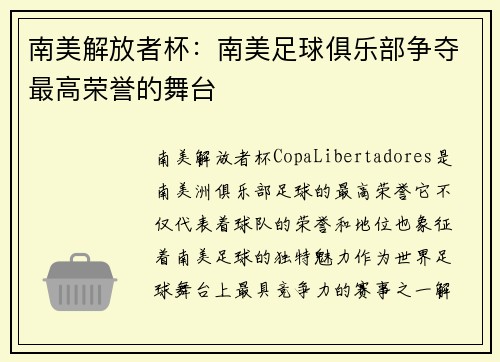南美解放者杯：南美足球俱乐部争夺最高荣誉的舞台