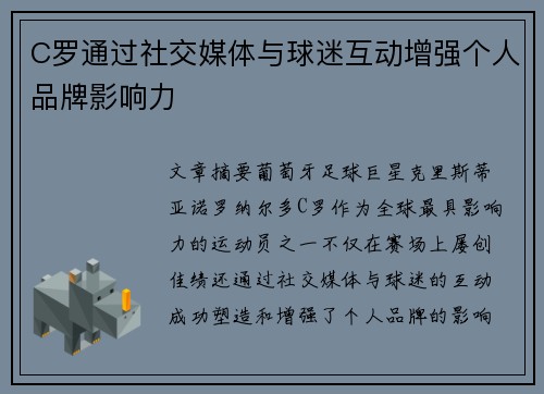 C罗通过社交媒体与球迷互动增强个人品牌影响力